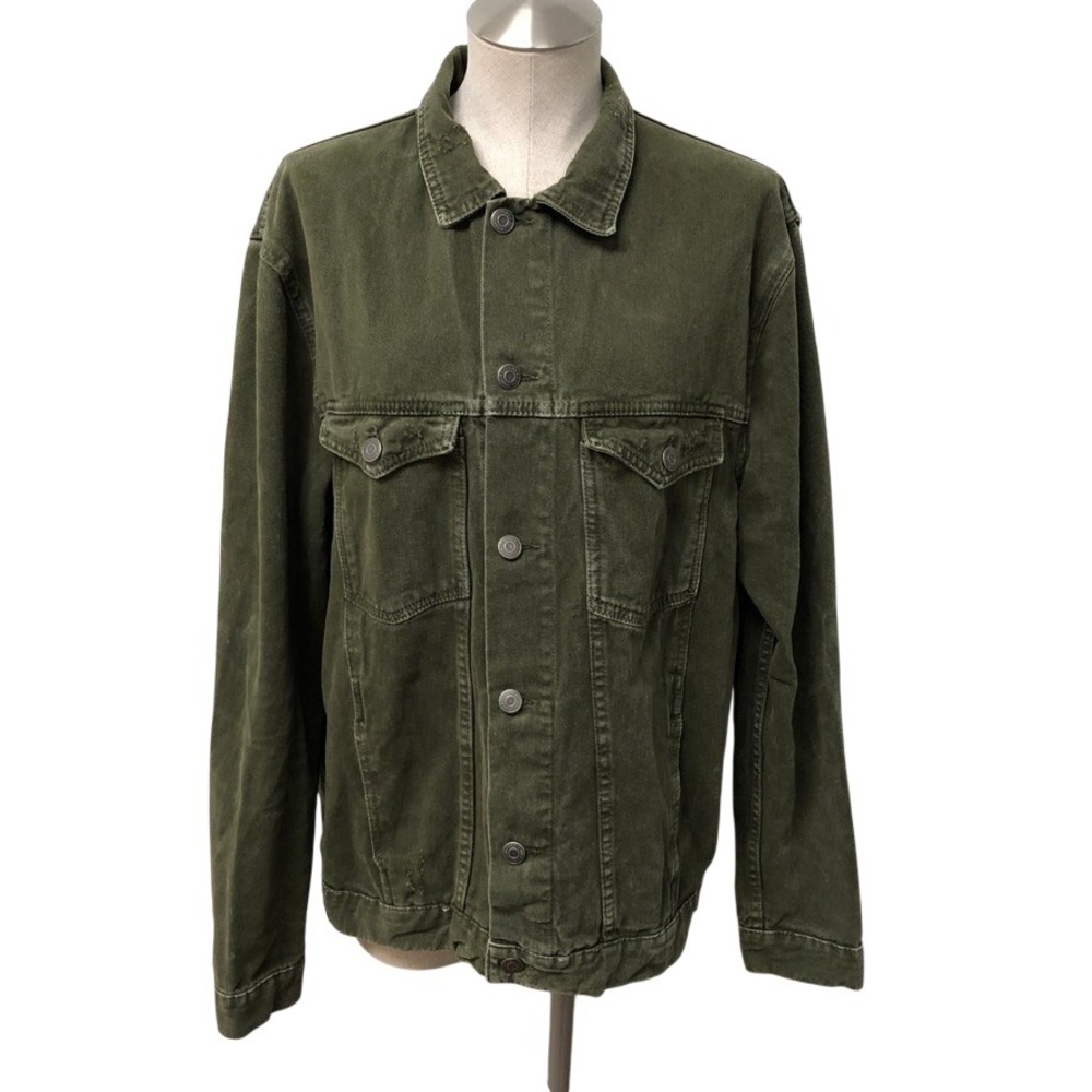 Zara Denim Jacket Mens XL Olive Green Distressed Trucker Cotton